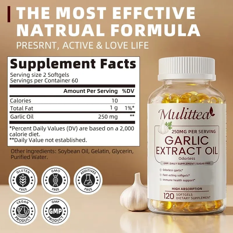Mulittea Garlic Oil Capsules Heart Health Support Immune Support Defends Against Seasonal illnesses Supports Cholesterol Levels — image 2