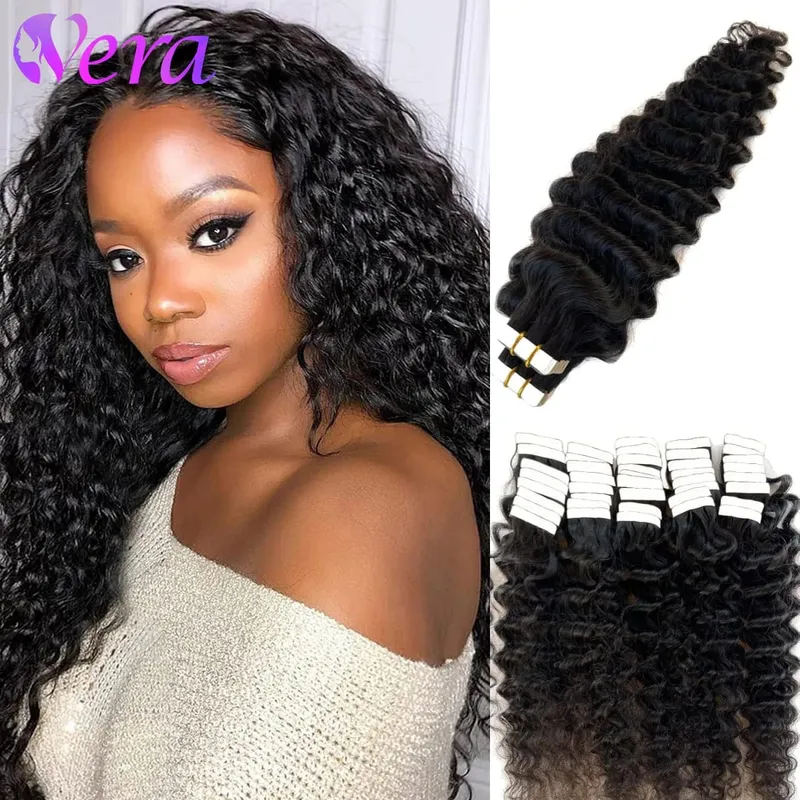 Deep Curly Tape In Human Hair Extensions Curly Wave Brazilian Human Hair Adhesive Remy Hair Skin Weft Seamless Invisible Tape In