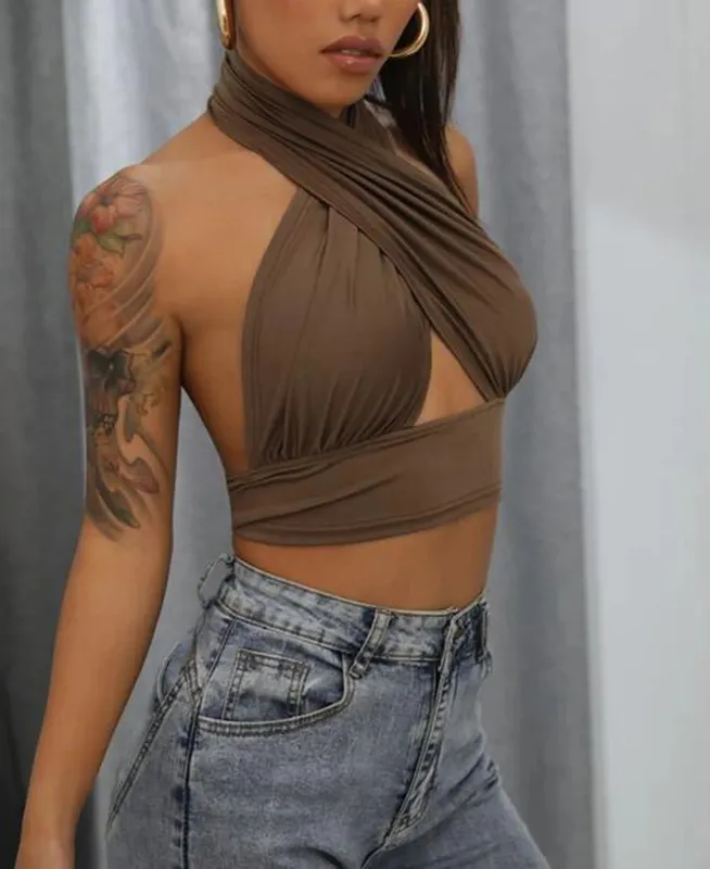 נשים קיץ גופיות צלב מוצק Halter Camis ללא גב קרופ חולצות לנשים קמוזה קצוץ טופ דקים ללא שרוולים בגדי רחוב