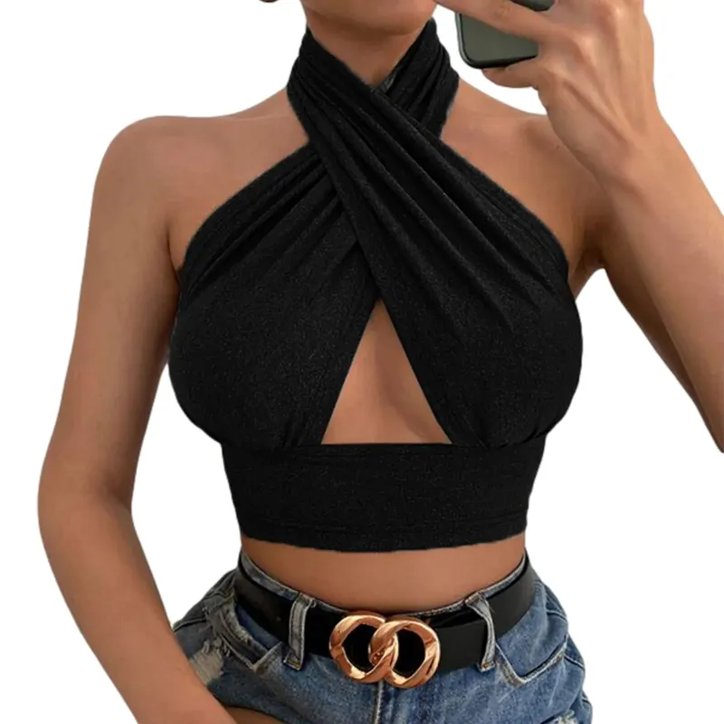 נשים קיץ גופיות צלב מוצק Halter Camis ללא גב קרופ חולצות לנשים קמוזה קצוץ טופ דקים ללא שרוולים בגדי רחוב