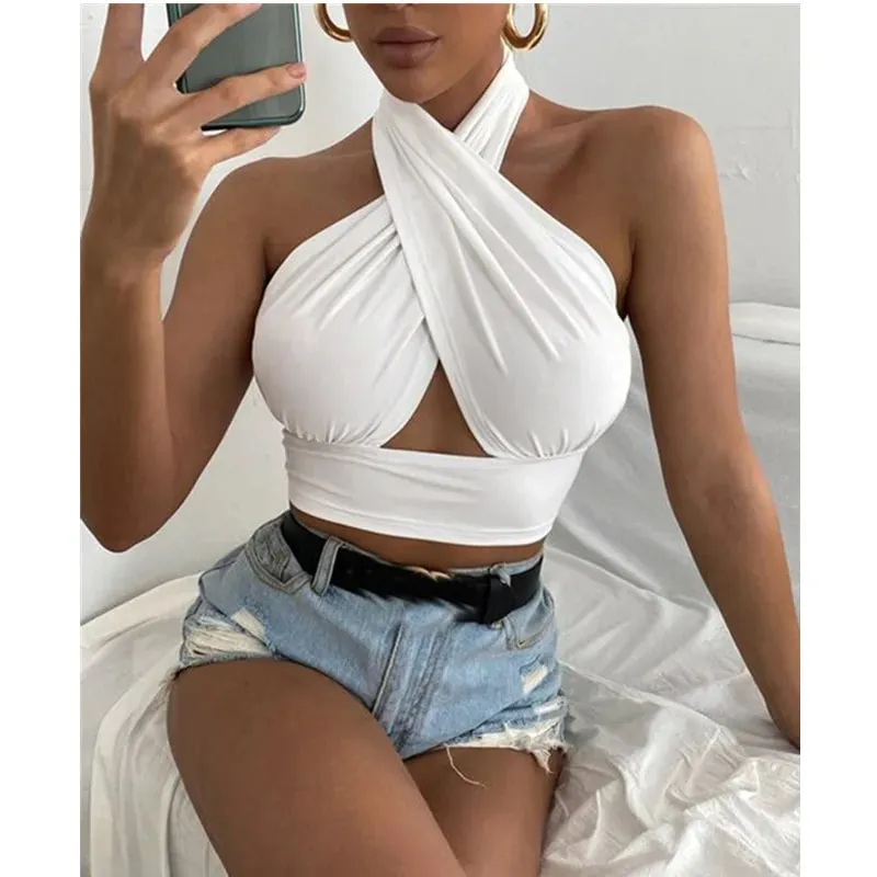 נשים קיץ גופיות צלב מוצק Halter Camis ללא גב קרופ חולצות לנשים קמוזה קצוץ טופ דקים ללא שרוולים בגדי רחוב