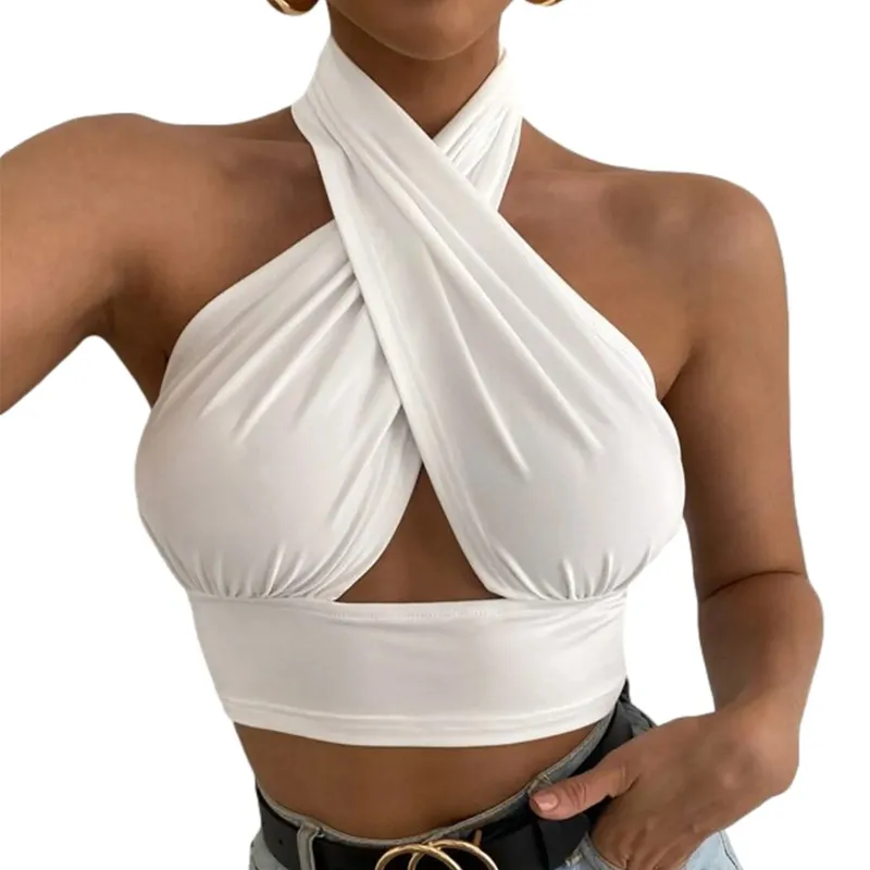 נשים קיץ גופיות צלב מוצק Halter Camis ללא גב קרופ חולצות לנשים קמוזה קצוץ טופ דקים ללא שרוולים בגדי רחוב