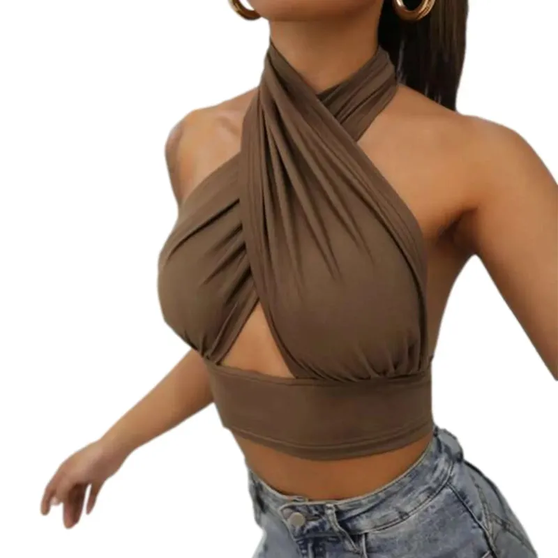 נשים קיץ גופיות צלב מוצק Halter Camis ללא גב קרופ חולצות לנשים קמוזה קצוץ טופ דקים ללא שרוולים בגדי רחוב