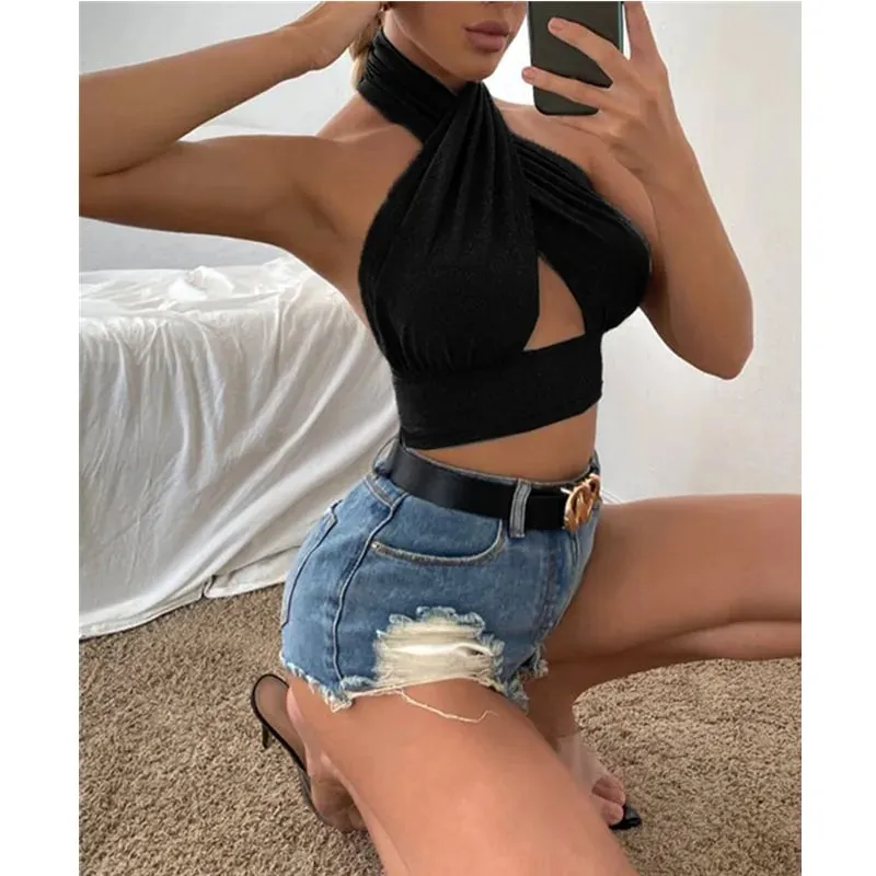 נשים קיץ גופיות צלב מוצק Halter Camis ללא גב קרופ חולצות לנשים קמוזה קצוץ טופ דקים ללא שרוולים בגדי רחוב