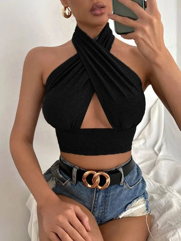 נשים קיץ גופיות צלב מוצק Halter Camis ללא גב קרופ חולצות לנשים קמוזה קצוץ טופ דקים ללא שרוולים בגדי רחוב