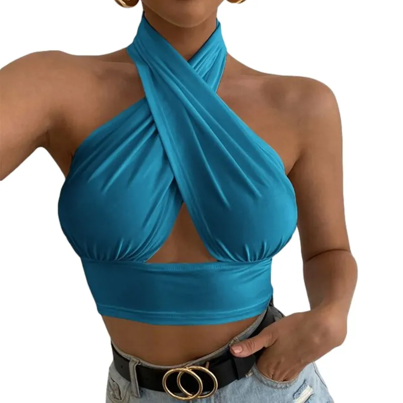 נשים קיץ גופיות צלב מוצק Halter Camis ללא גב קרופ חולצות לנשים קמוזה קצוץ טופ דקים ללא שרוולים בגדי רחוב