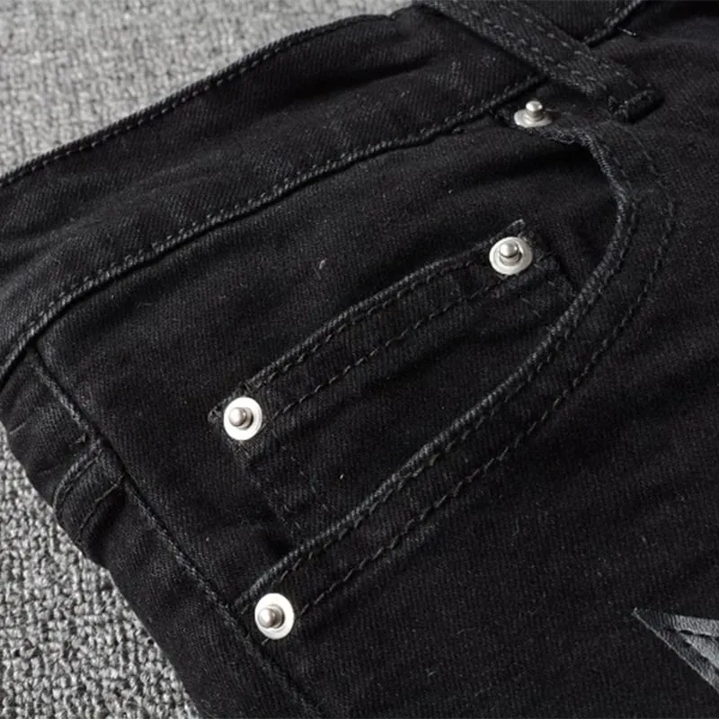 Ανδρικά δερμάτινα αστέρια Patch Τζιν μαύρο Stretch τζιν μολύβι Παντελόνι Slim Skinny Patchwork Παντελόνι
