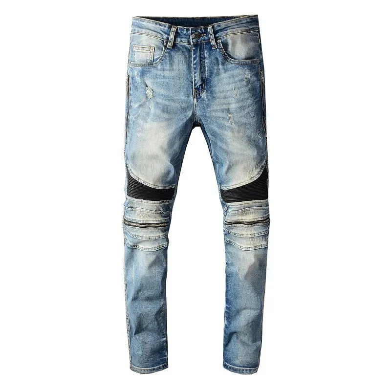 Sokotoo férfi PU bőr patchwork motoros farmer cipzárok Retro világoskék sztreccs farmer karcsú nadrágok