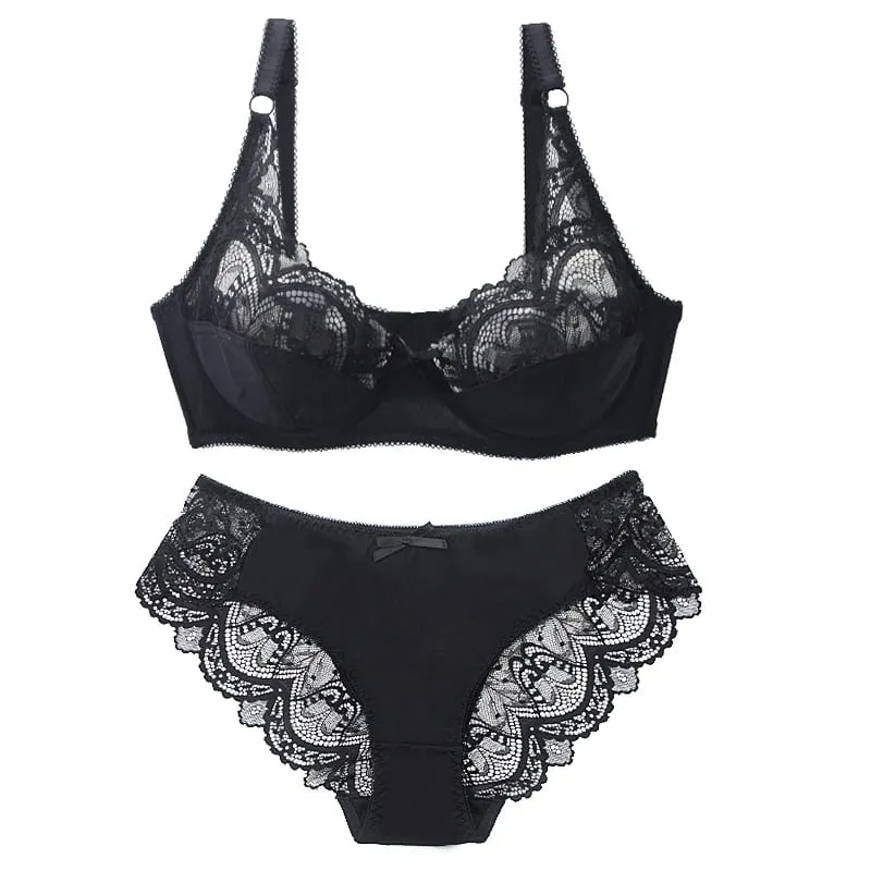 Sexy Lace Plus Size Female Lingerie Transparent Thin Thick BCDE Cup Bra Sets Breathable Women Underwear Panties Briefs
