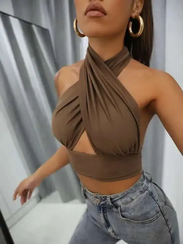 נשים קיץ גופיות צלב מוצק Halter Camis ללא גב קרופ חולצות לנשים קמוזה קצוץ טופ דקים ללא שרוולים בגדי רחוב
