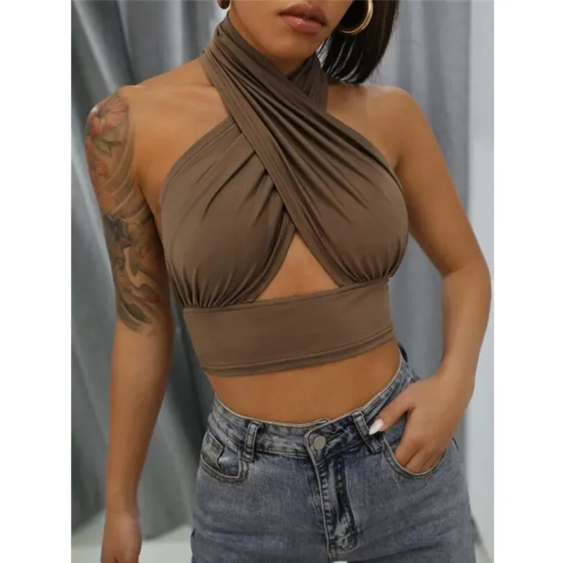 נשים קיץ גופיות צלב מוצק Halter Camis ללא גב קרופ חולצות לנשים קמוזה קצוץ טופ דקים ללא שרוולים בגדי רחוב