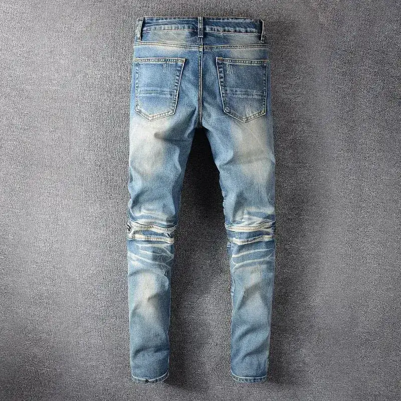 Sokotoo férfi PU bőr patchwork motoros farmer cipzárok Retro világoskék sztreccs farmer karcsú nadrágok
