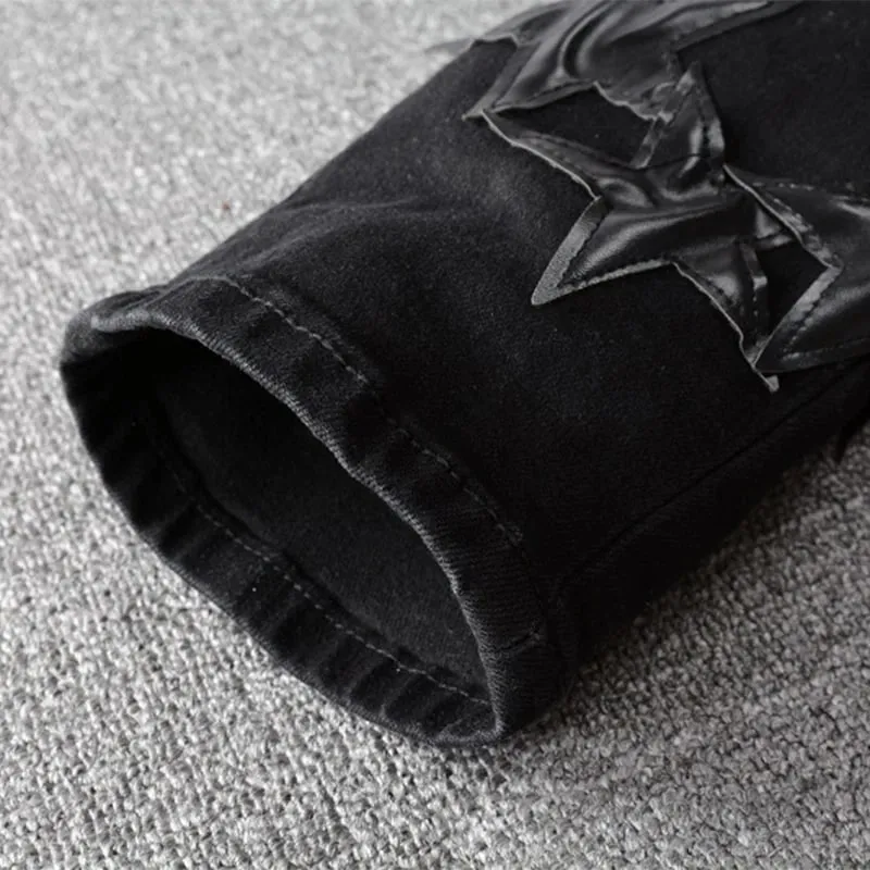 Ανδρικά δερμάτινα αστέρια Patch Τζιν μαύρο Stretch τζιν μολύβι Παντελόνι Slim Skinny Patchwork Παντελόνι
