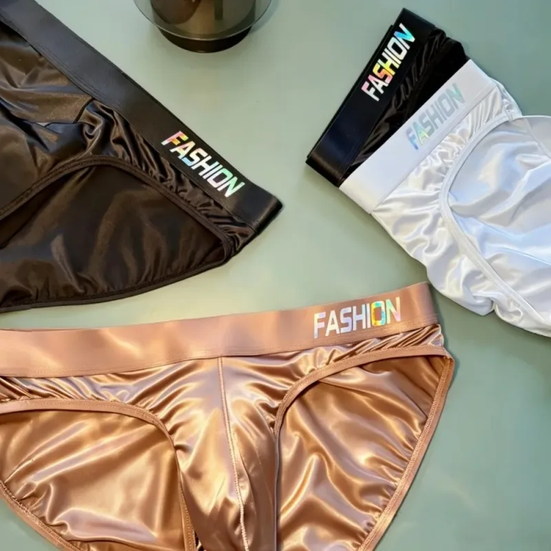 Underwear Men's Triangle Panties Low Waist Ultra Smooth Satin Silky Briefs Lingerie Gradient Letter Glossy Underpants Large Size — image 9