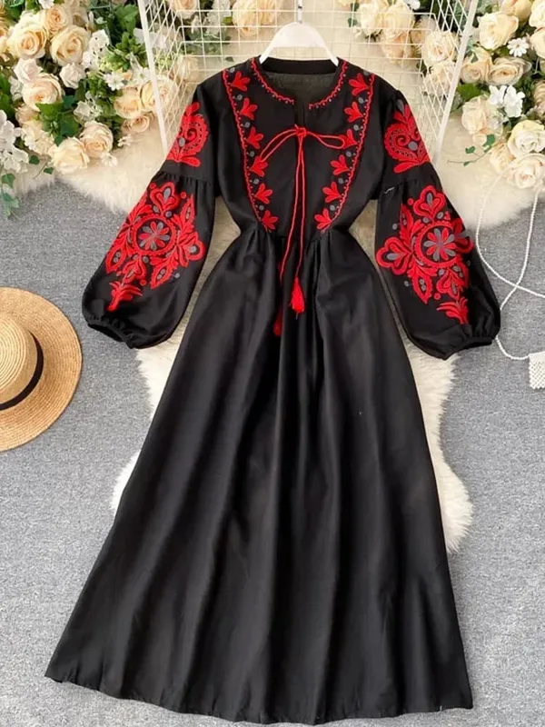 Women Autumn Dresses Bohemian Embroidered Flower O-Neck Lantern Sleeve High Waist Pleated Dress All-match Female Vestidos PL393 — image 8