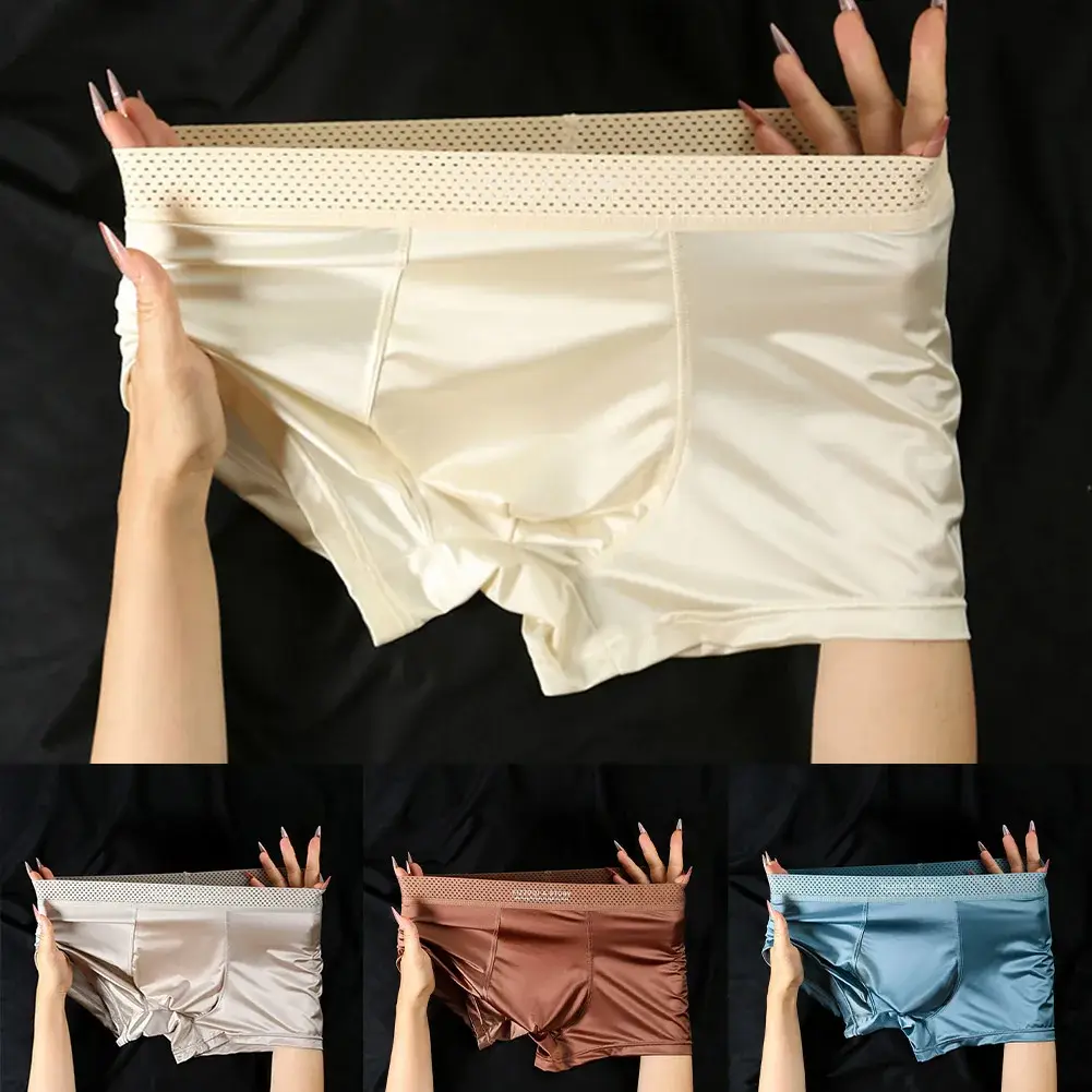 1pc Mga Lalaking Satin-like Ice Silk Boxer Makinis na Panty Hollow Out Waistband Panloob na Nakahinga Solid na Kulay na Kasuotang Panloob Trunk
