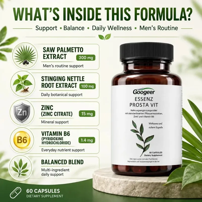 Googeer Prostate Support Capsules Saw Palmetto Extract Stinging Nettle Zinc Vitamin B6 60 Capsules Men's Daily Support