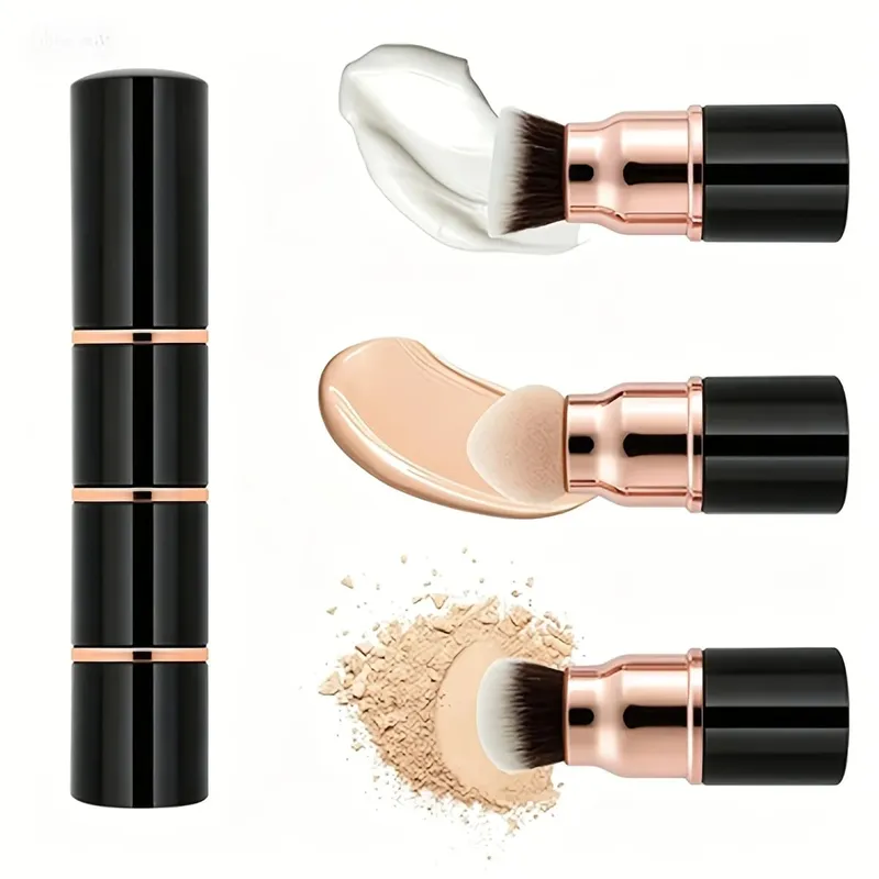 3in1 Mini Portable Makeup Brush with Dust Cap Detachable Sponge Angled Foundation & Powder Heads Bionic Hair Sturdy Aluminum — image 6