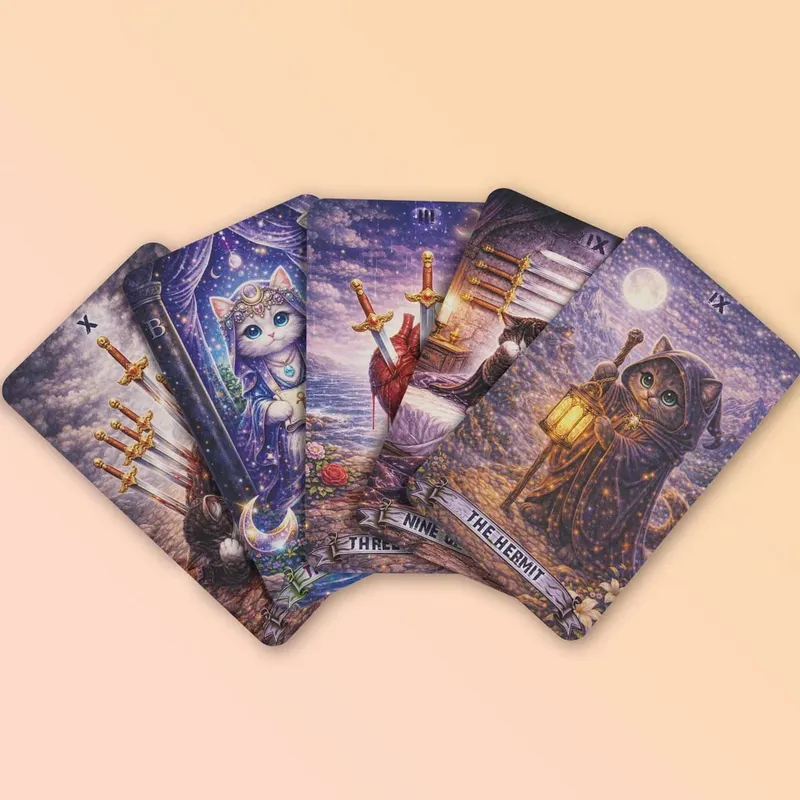 Magic Cat Tarot 78 Cards 13x8 cm Ιδανικό για αρχάριους Χάρτινο εγχειρίδιο Έκφραση συναισθημάτων Λεπτές μαγικές λεπτομέρειες Παιχνίδια με κάρτες