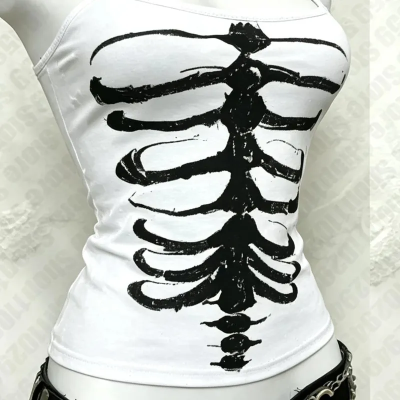 Y2K Gothic Alt ujjatlan Crop felső Vintage grunge csontváz elöl, hátul, grafikus karcsú női csontváz bordás gerincű Cami felsők — image 2