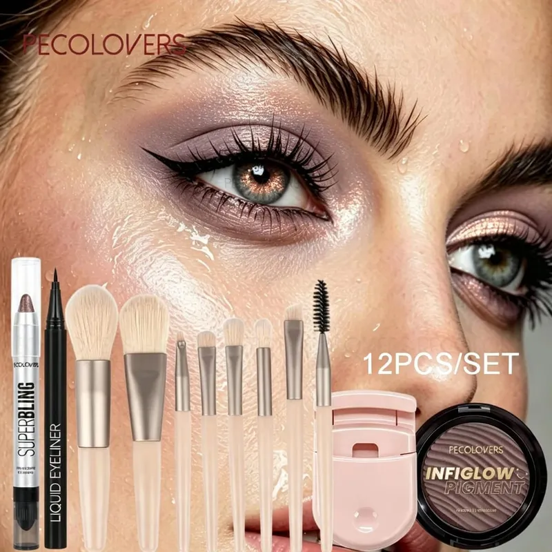12PCS/SET Shimmer Eye Shadow Pen & Palette Liquid Eyeliner Lash Curler Eye Makeup Brushes Waterproof/Long Lasting — image 2