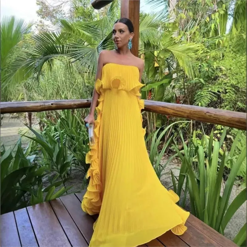 Trendy Women Summer Holiday Dress Orange Pleated Chiffon Long Formal Dresses Custom Made Ruffled Strapless Beach Party Dress — image 2