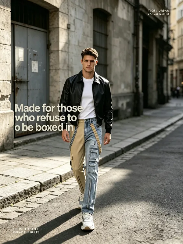 Y2K Jeans for Men Techwear Retro Cargo Pants Flared Bootcut Jeans Contrast Color Splicing Strap Streetwear Denim Trousers — image 7