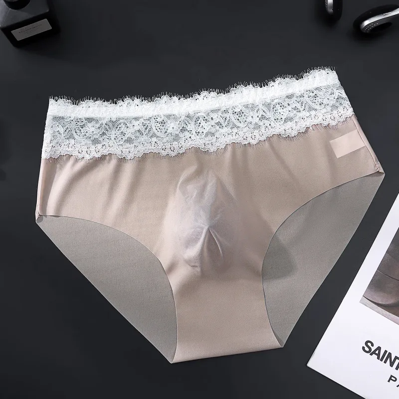 Pantaloni a triangolo da uomo in seta ghiacciata con bordo in pizzo, biancheria intima da uomo sottile traspirante senza tracce, slip maschili morbidi e confortevoli a vita bassa — image 19