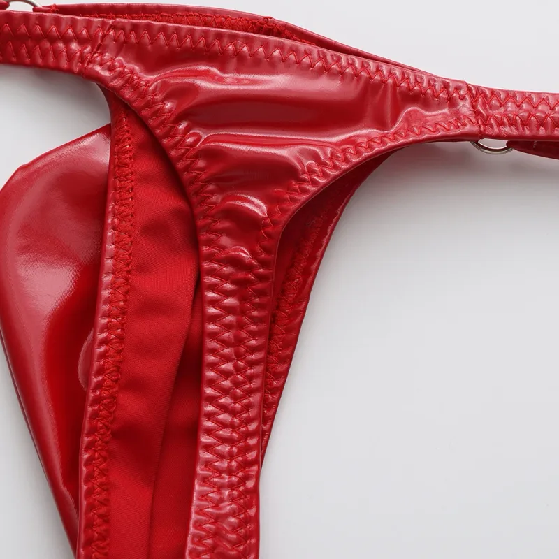 1pc Men Shiny Leather Waist With Metal Ring G-strings Thongs Gay Bulge Pouch Low Waist Stretchy Underwear Butt-Exposing Sexy