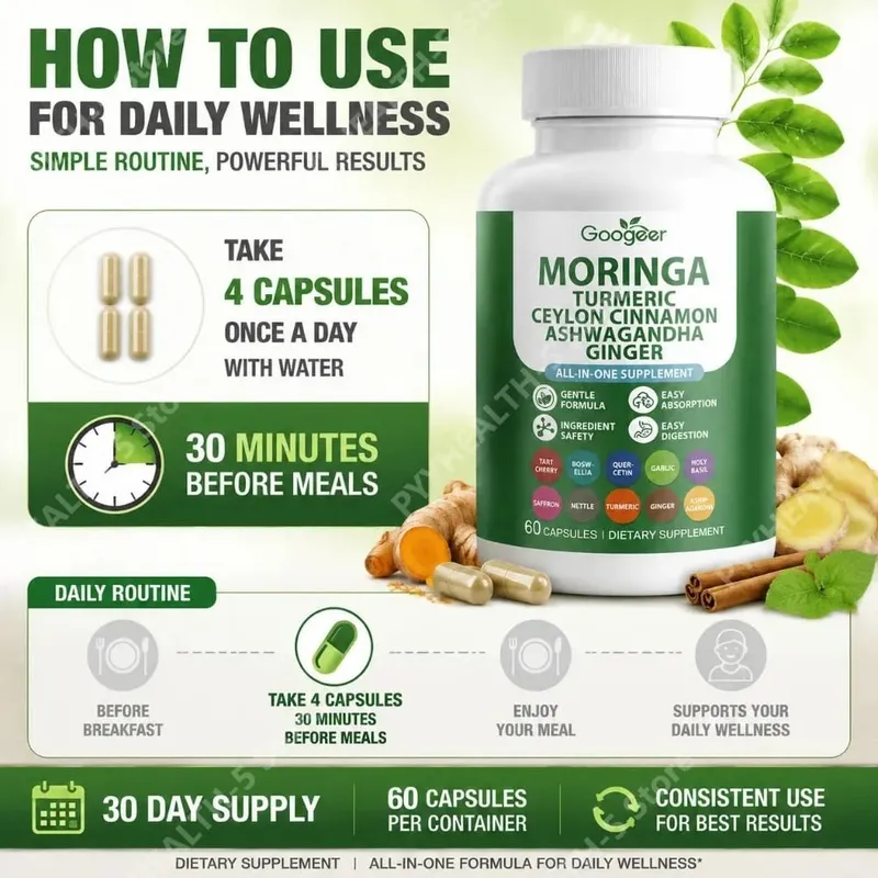 Googeer Moringa Kurkuma Capsules Alles-in-één voor gewrichtsgezondheidsondersteuning met Ashwagandha Gember en Ceylon Kaneel 60 Capsules — image 5