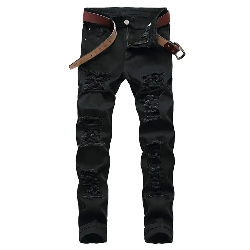 2025-ös Hole Farmer nadrágok Férfi Tide márka Ruined Hole Farmer Solid Slim All match High Street Hip Hop Nadrág Piros Fehér Nagy méret — image 2