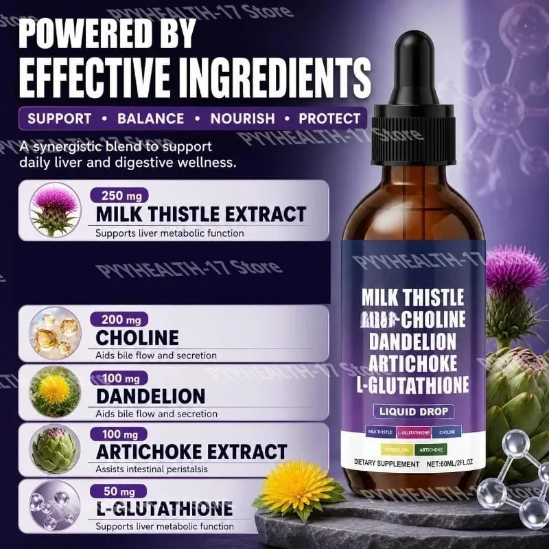 Milk Thistle Liquid Drops Choline Dandelion Artichoke L-Glutathione Herbal Wellness Supplement For Adult Use 60ml 2fl oz
