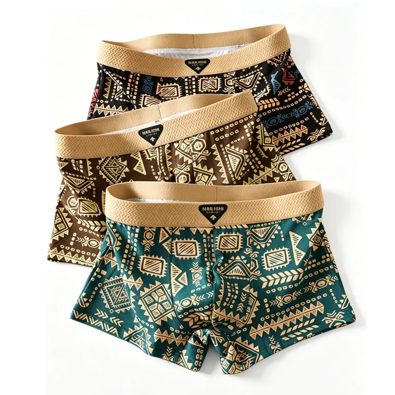 3pcs/set Fashion Men Underwear Men's Retro Geometric Print Boxer Briefs Soft Breathable Mid-Waist Underwear Comfortable Shorts