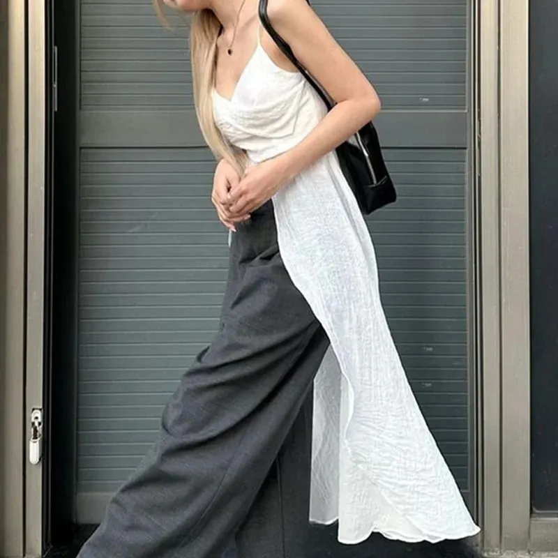 Xingqing y2k Camisole Top Γυναικεία Ρούχα Μονόχρωμα V λαιμόκοψη λουράκι Αμάνικο σχίσιμο μπλουζάκι μπλουζάκι Τάνκ 2000s Streetwear — image 6