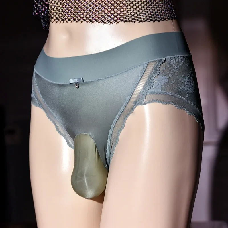 Silky Men's Panties Lace Satin Erotic Underwear Soft Ultra Thin Briefs Sissy Feminization Lingerie Back Transparent Underpants — image 7