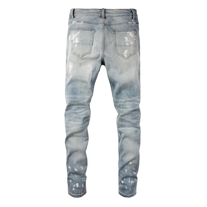 Kék High Street Lyukak átlátszó kristályok Patchwork Stretch karcsúsított strasszok foltok Szomorú szakadt graffiti farmerek Férfi — image 4