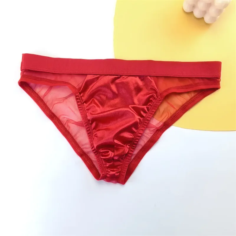 Sexy Glossy Satin Silk Man's Underwear Briefs Transparent Mesh Male Panties Breathable Quick Dry Underpants