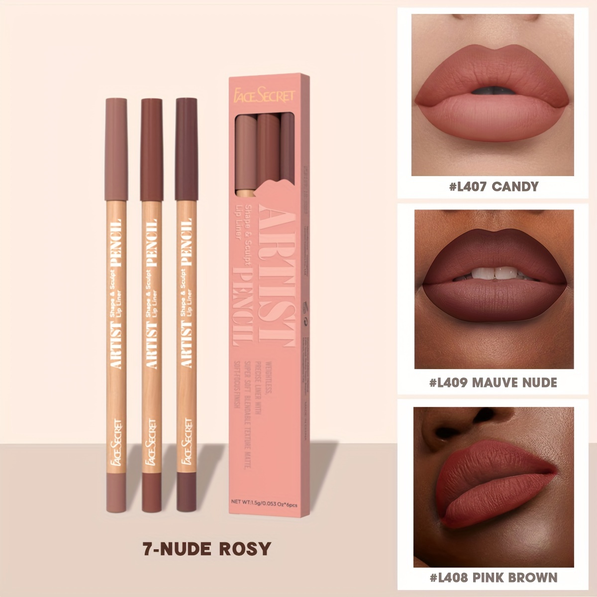 Face Secret 3 τμχ Σετ Nude Lip Liner Φυσικό ματ μακράς διαρκείας αδιάβροχο μακιγιάζ με μολύβι χειλιών με γάντζο γραμμής υψηλής χρωστικής