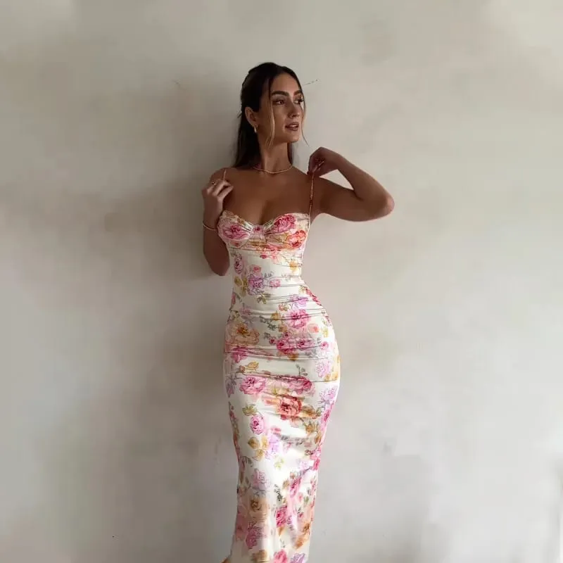 Νέα Floral Ζαρτιέρες Split Slim αμάνικο Patry Beach Φόρεμα Spaghetti Strap Γυναικεία Ρούχα Μίνι Φόρεμα 2024 Καλοκαίρι — image 3