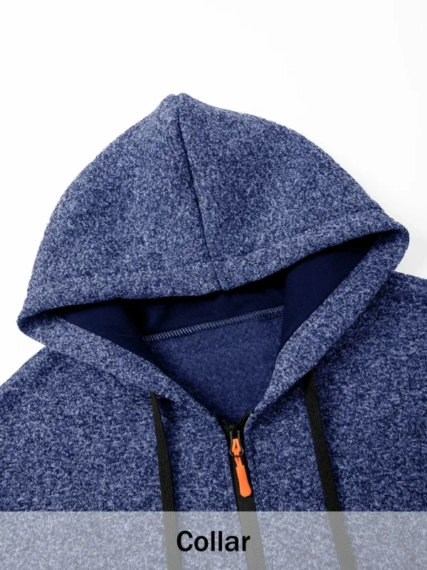 2Pcs 세트 남성 중간 길이 전체 지퍼 후드 자켓 양털 안감 따뜻한 코트와 Drawstring 후드 & 지퍼 포켓 캐주얼 겉옷 가을 겨울 데일리웨어