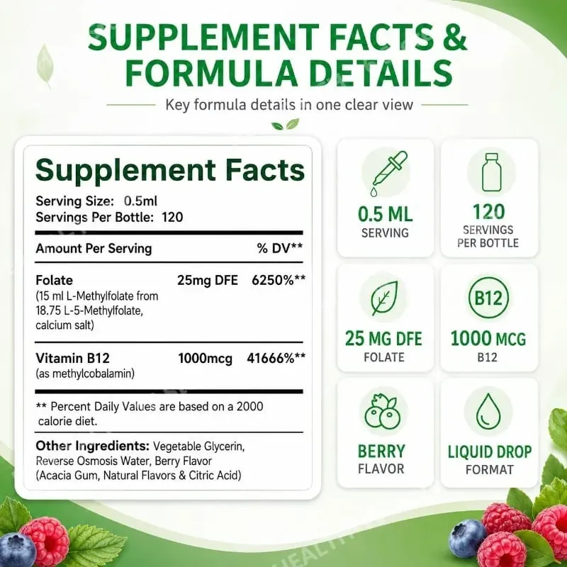 Υγρό Methyl Folate Drops με φυλλικό οξύ και βιταμίνη B12 που υποστηρίζει την υγεία του εγκεφάλου για τη φροντίδα του νευρικού συστήματος - 120 μερίδες