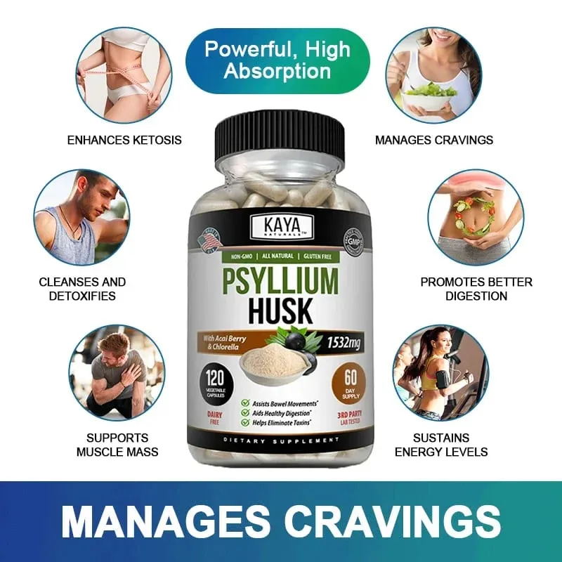 Psyllium Husk Capsules - 1532 Mg - Enriched with Ginger Root and Aloe Vera To Support Bowel Digestive and Detoxification Health