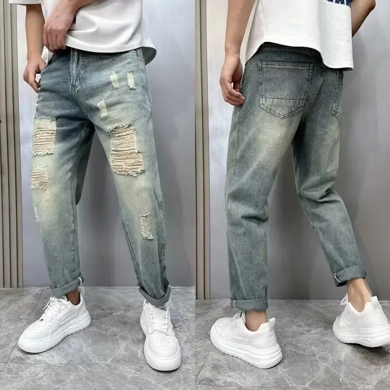 2025Heavy Duty Washed and Scraped Denim Men's Trendy High-end Embroidered Printed Loose Tapered Straight Leg Jeans