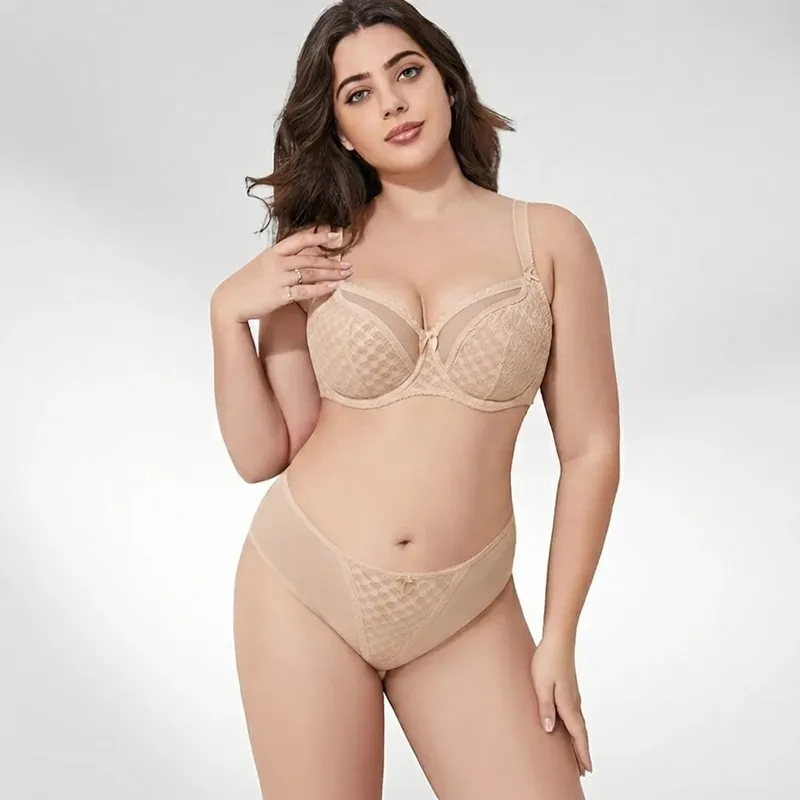 Γυναικείο Curvy Plus Size Πουά Δαντελένιο Σετ εσώρουχα Underwire Support Full Figure Big Cup E F G H I Εσώρουχα που αναπνέουν 2τμχ — image 2