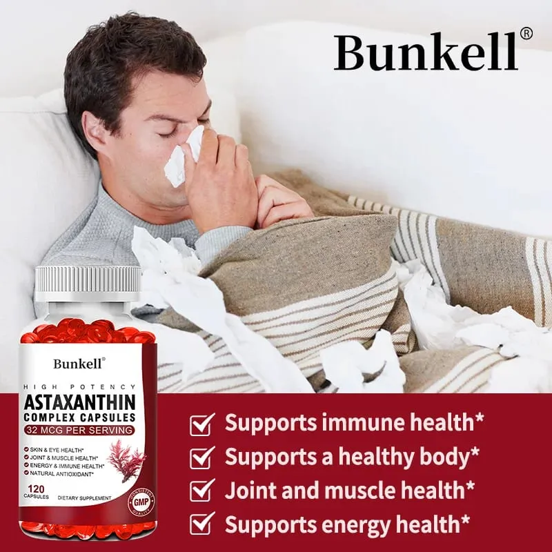Bunkell Vegan Astaxanthin with Fish Oil & Antratic Krill Oil Antioxidant Supports Eye Skin Cellular Health Non-GMO Capsules