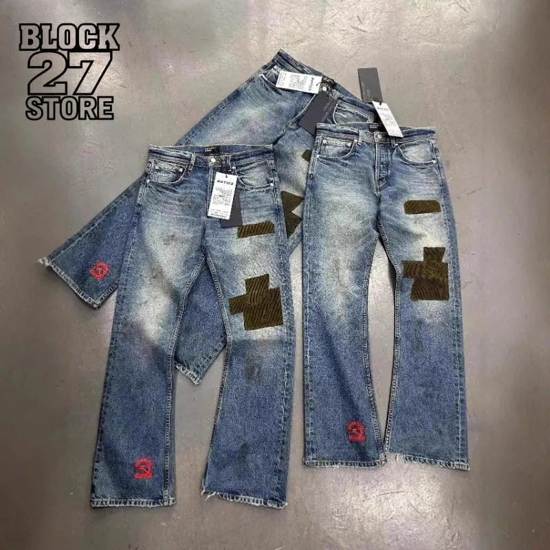 Férfi kiszélesedő farmernadrág Harajuku Vintage mosott farmer nadrág Distressed Patchwork kordbársony karcsúsított alkalmi utcai ruházat uniszex új tavaszi — image 2