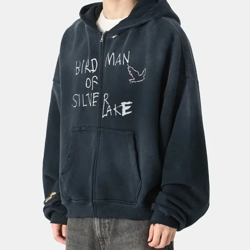 Nouveau surdimensionné PALY sweat à capuche pour homme femme lavé noir endommagé meilleure qualité décontracté Vintage Cardigan Zip sweats — image 39