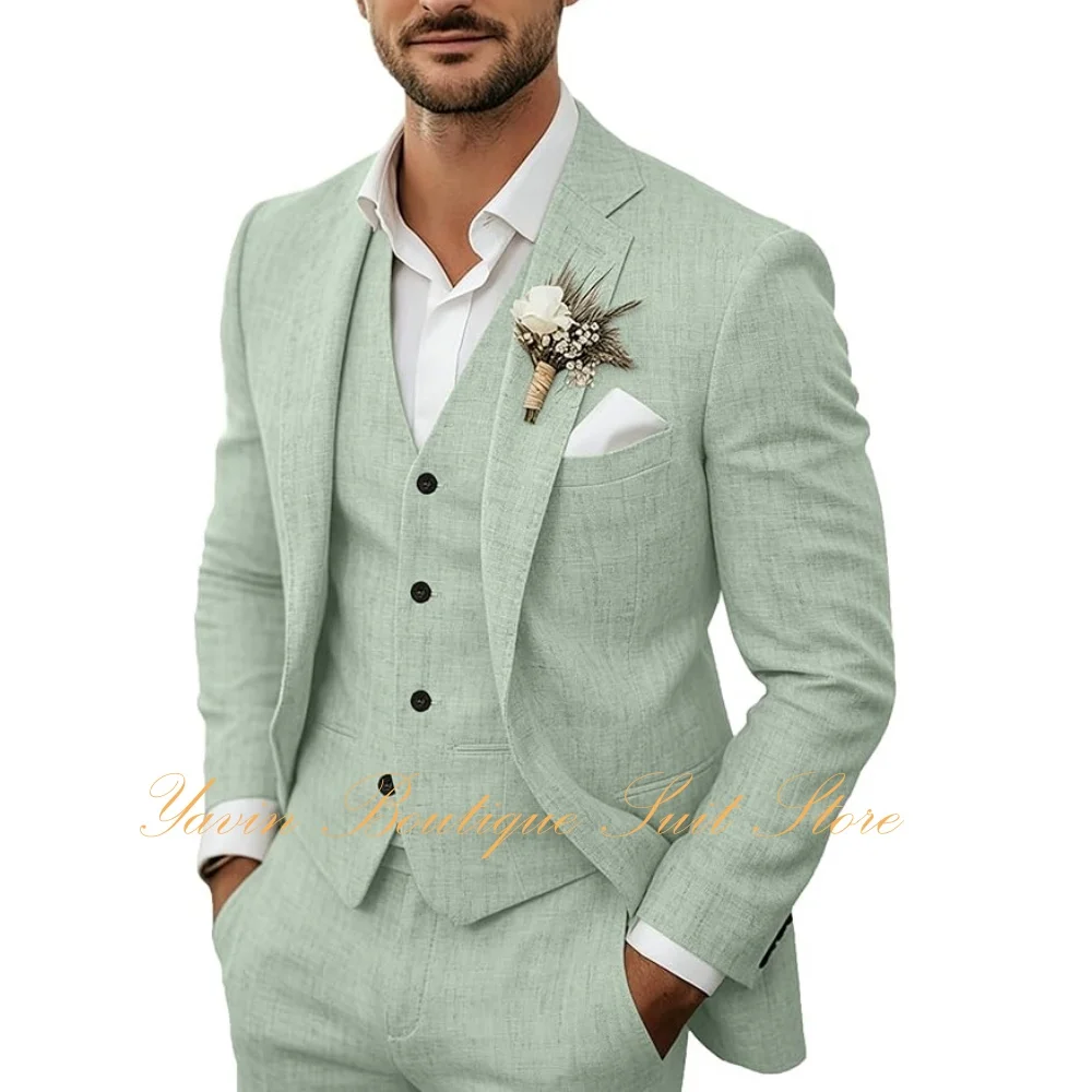 Summer Men's Linen Suits Casual Blazer 3 Piece Jacket Vest Pants Suit Set for Men Wedding Business Prom Tuxedo Suits — image 6