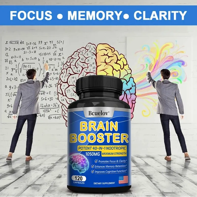 Brain Nutrition Capsules - Dietary Supplement 40-in-1 Potent Formula Vegan Non-GMO Supports Focus and Brain Health