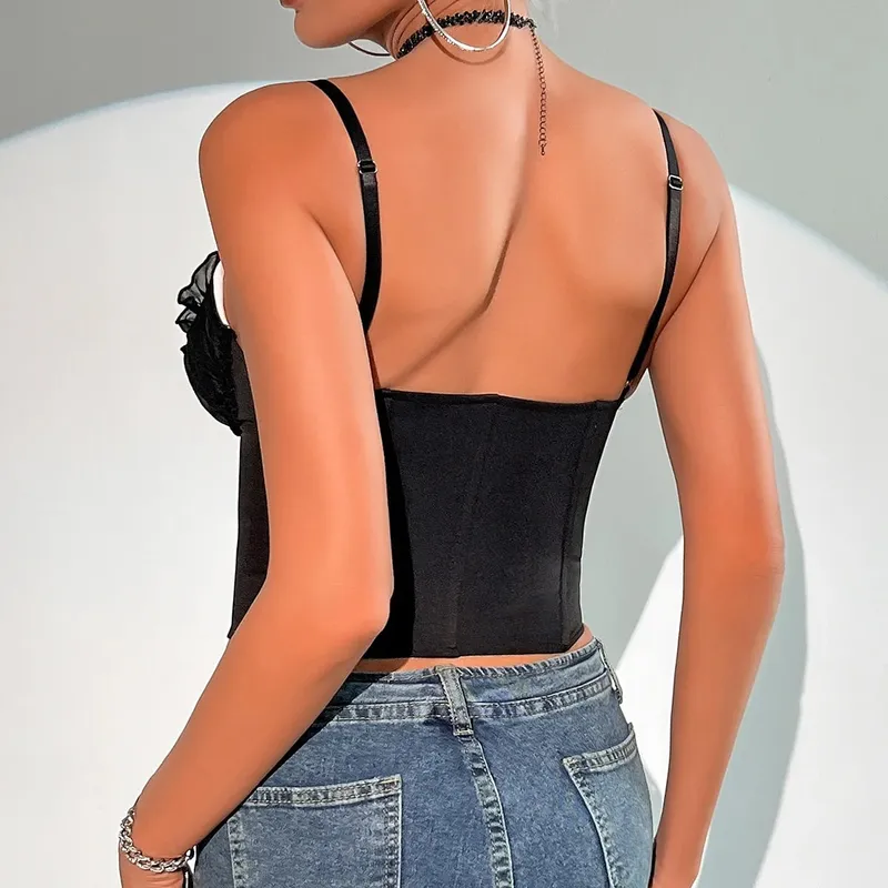 Szexi V nyakú, Y2K Crop felsők Csipke patchwork, redőzött, masnis fűző felső Szexi hát nélküli, karcsú camisole testforma halcsont mellszobor